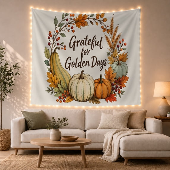 Grateful for Golden Days Wreath on Warm Ivory Background, Nostalgic Farmhouse for Autumn Decor Lovers, Seasonal Wall Art, Thanksgiving Gift, Tapestry Wall Hanging for Living Room and Bedroom