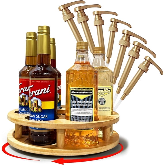 Grateful Grocer Coffee Syrup Organizer - Rotating Coffee Syrup Rack, Lazy Susan Organizer & Syrup Bottle Rack Storage - Holds 7 Bottles, Compatible with Starbucks Syrup & Torani Syrup with Pumps