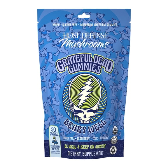 Host Defense Beary Well Grateful Dead Gummies Mushroom Gummies with Agarikon Turkey Tail Chaga Elderberry Vitamin C & Zinc Respiratory System Immune Support, elderberry, 11.04 ounces, 30 servings