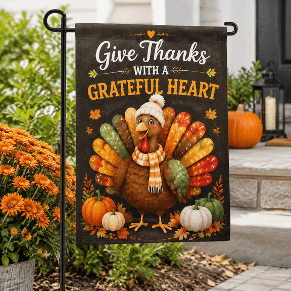 Grateful Heart 28"x40" Outdoor Thanksgiving House Flag with Turkey Design