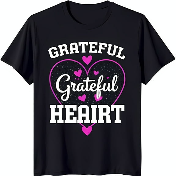 Grateful Heart Black T-Shirt with Sparkling Heart Design & Pink Hearts
