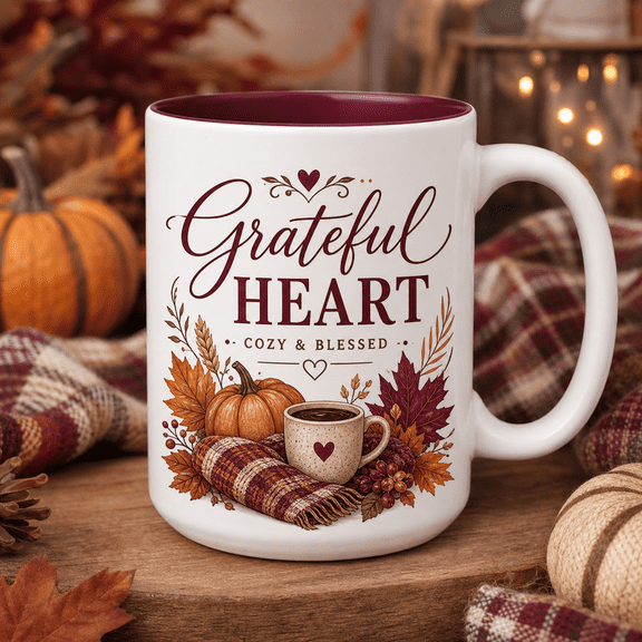 Grateful Heart Ceramic Coffee Mug, Thanksgiving Gift for Fall Lovers