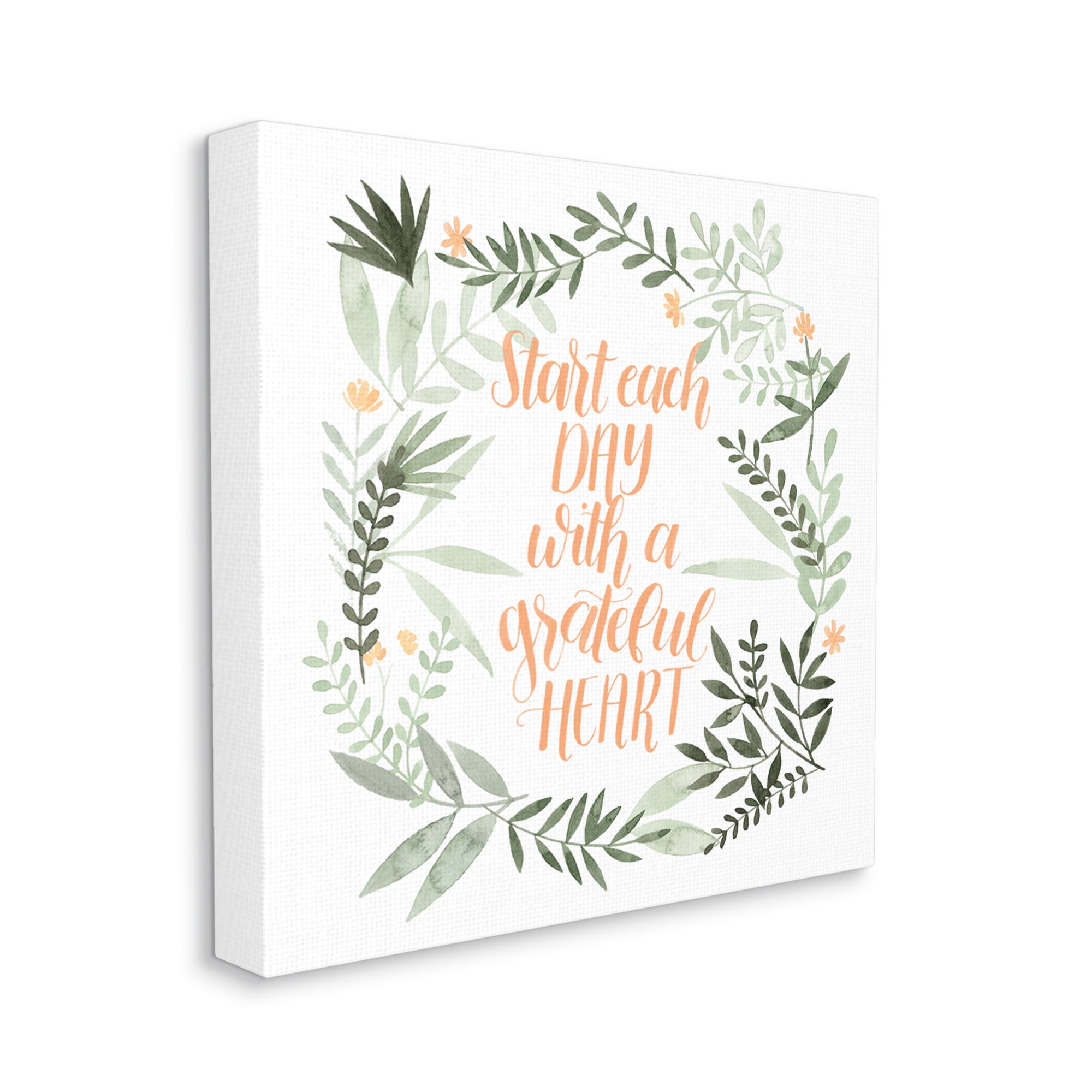 Grateful Heart Phrase Soft Green Floral Plants Botanical & Floral Gallery-Wrapped Canvas Print Wall Art, 17x17