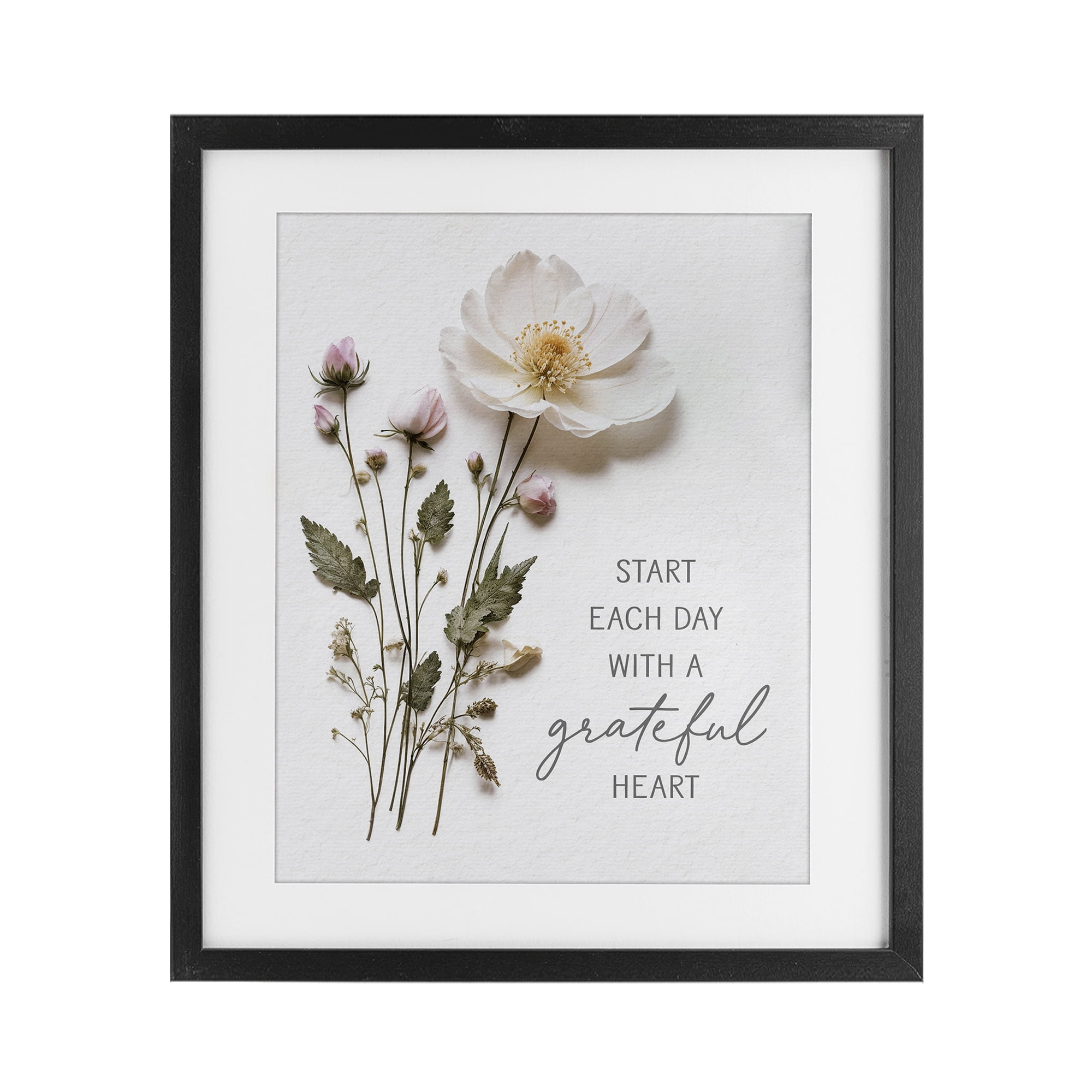 Grateful Heart Pressed Flowers Black Framed Print Under Glass, design by Lettered and Lined