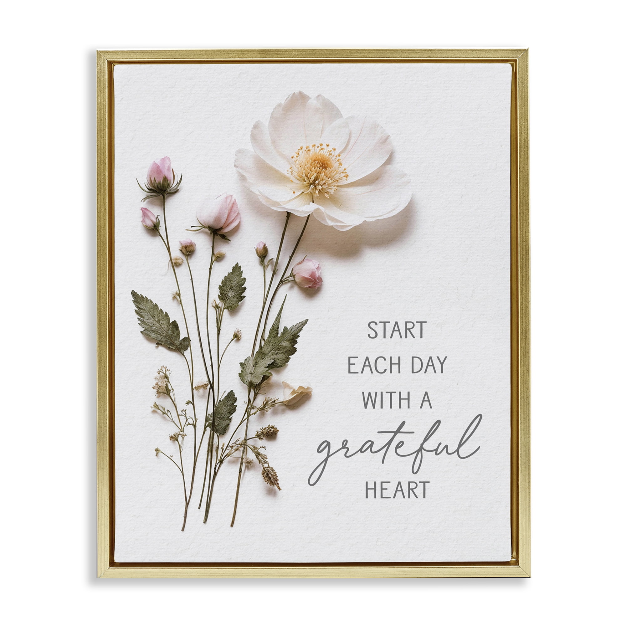 Grateful Heart Pressed Flowers Gold Framed Floater Canvas Wall Art, design by Lettered and Lined