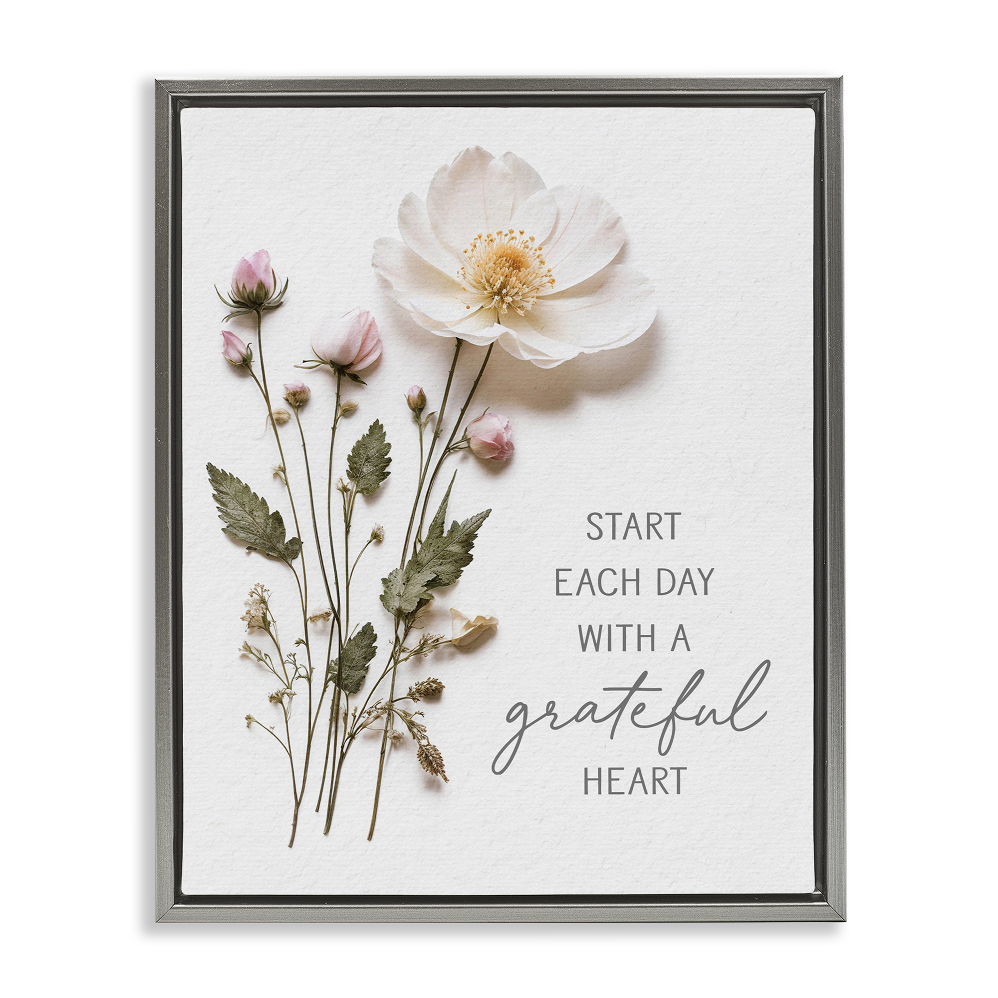 Grateful Heart Pressed Flowers Gray Framed Floater Canvas Wall Art, design by Lettered and Lined