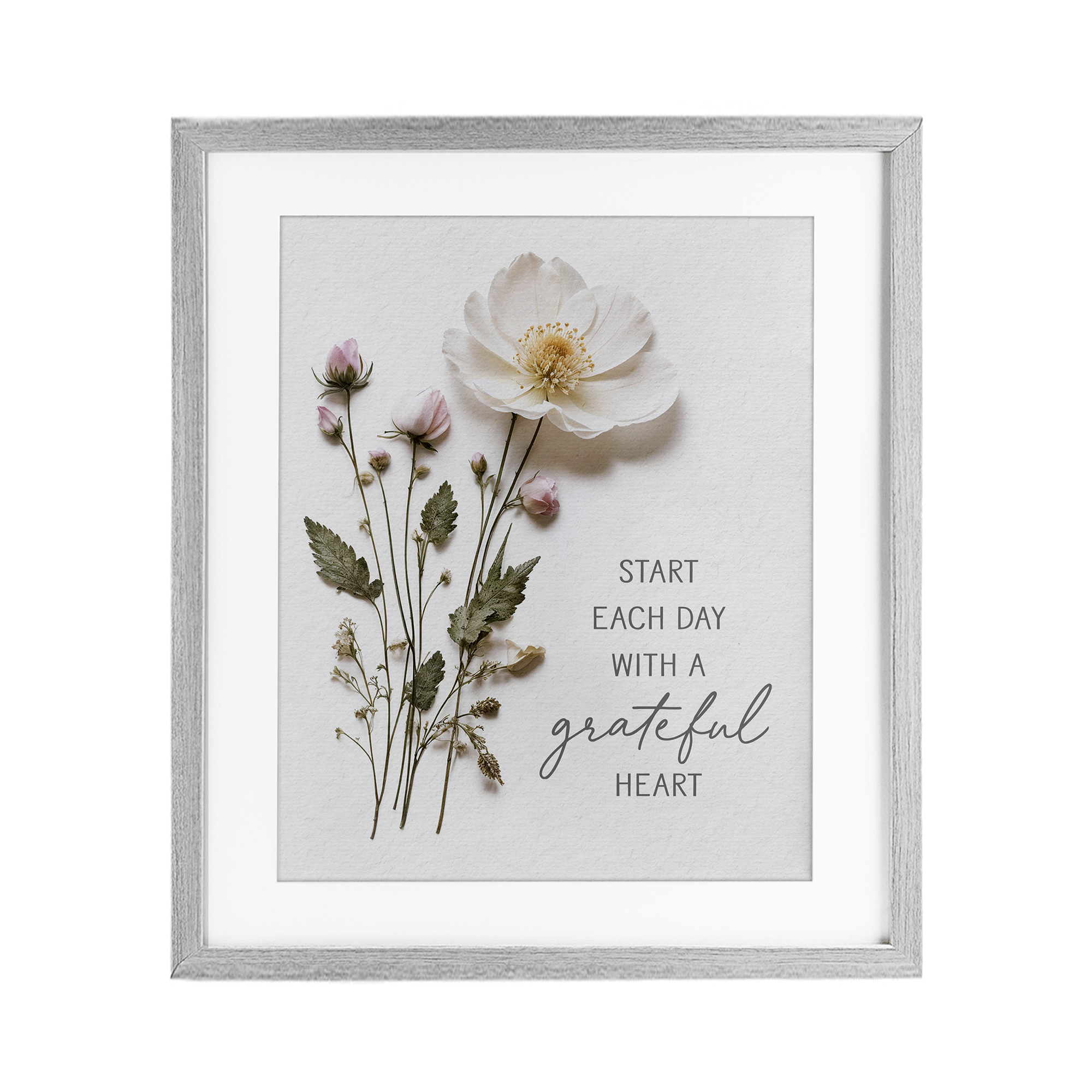 Grateful Heart Pressed Flowers Gray Framed Print Under Glass, design by Lettered and Lined