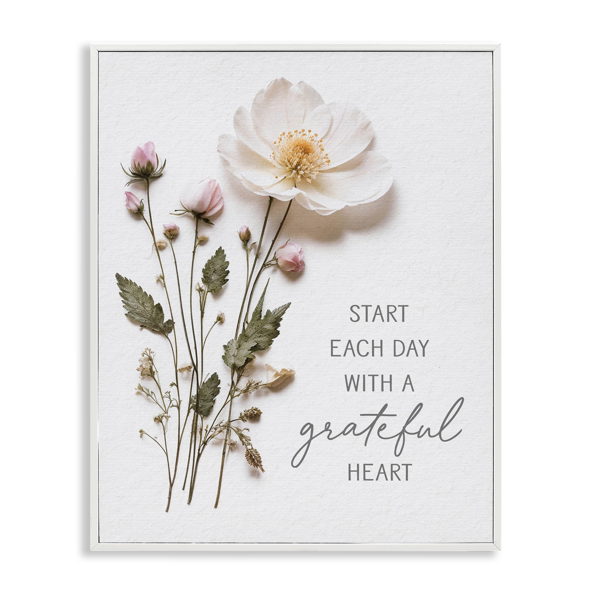 Grateful Heart Pressed Flowers White Framed Giclee Art, design by Lettered and Lined
