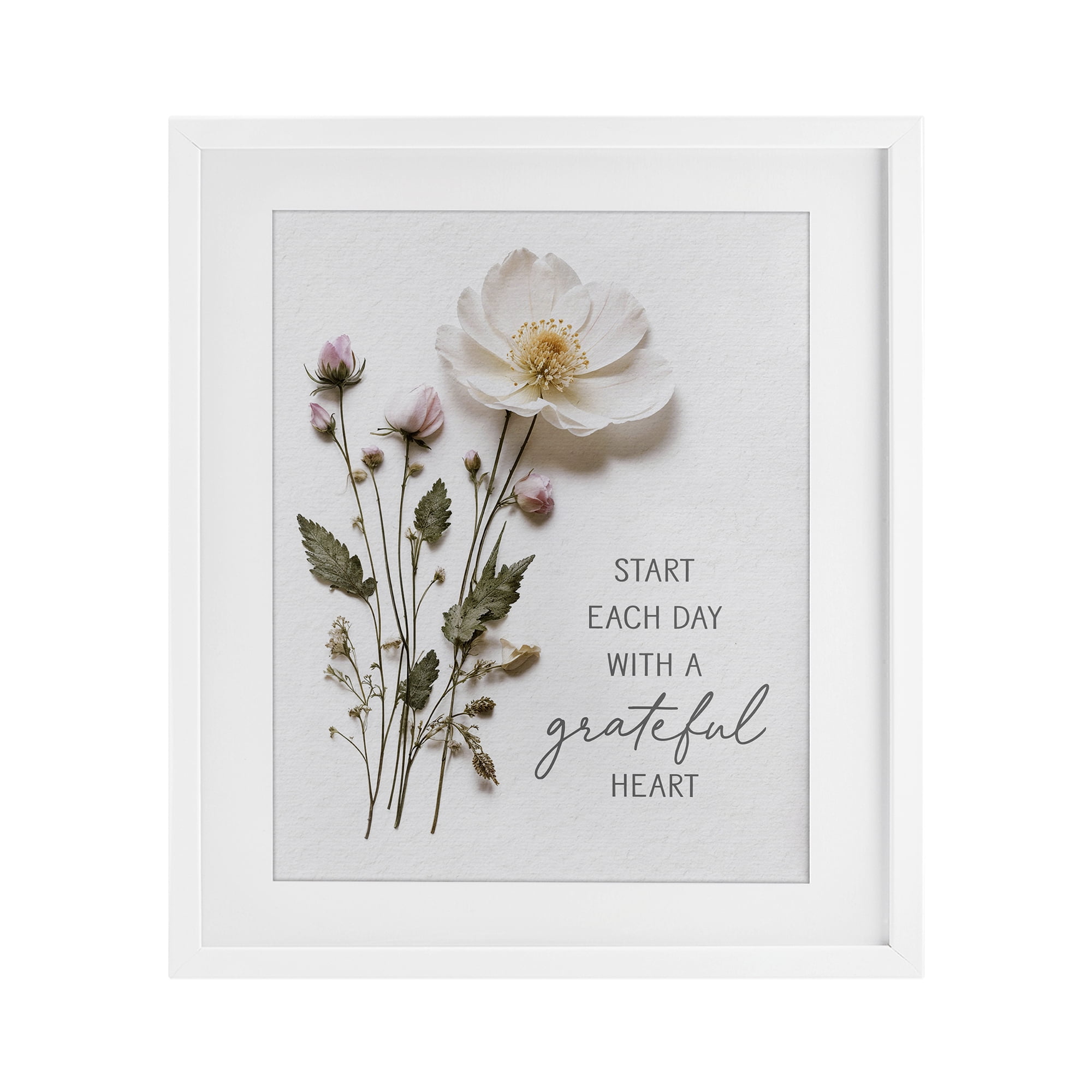 Grateful Heart Pressed Flowers White Framed Print Under Glass, design by Lettered and Lined