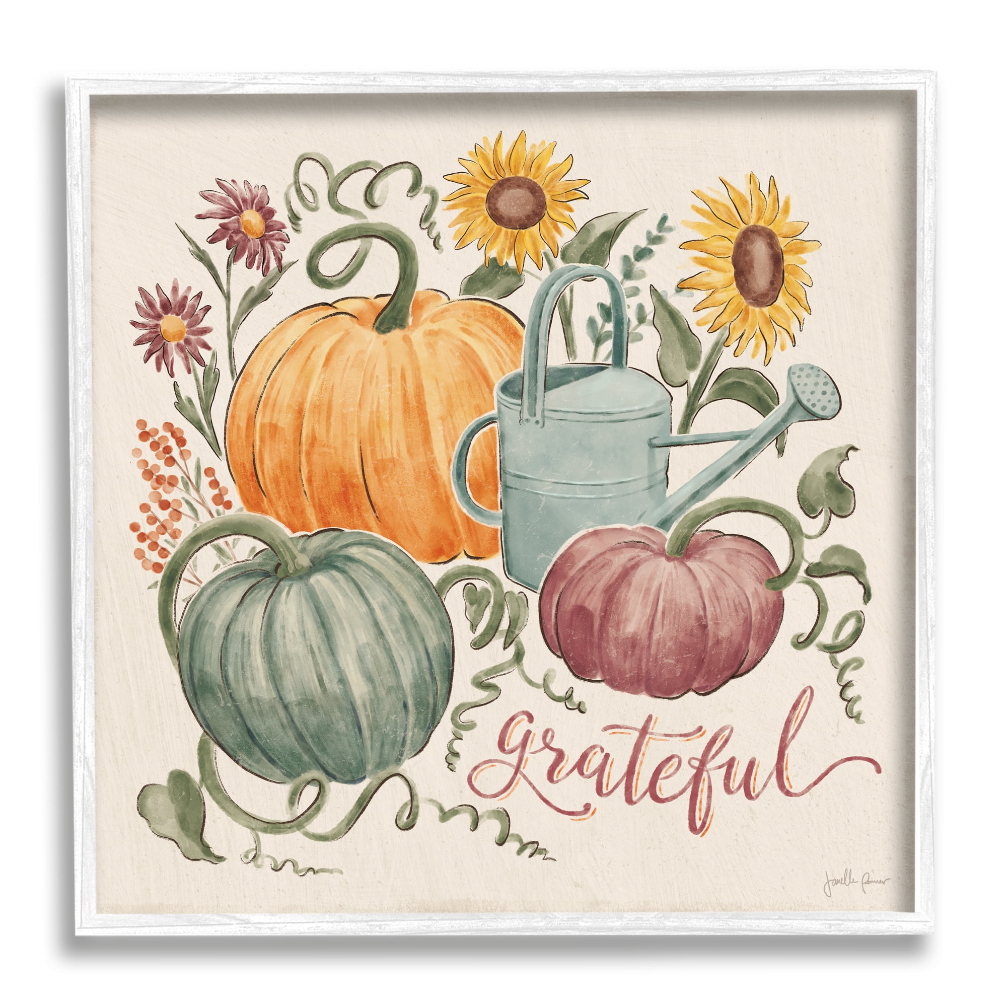 Grateful Script Warm Pumpkins Autumn Plants Sunflowers Botanical & Floral Painting Framed Art Print Wall Art