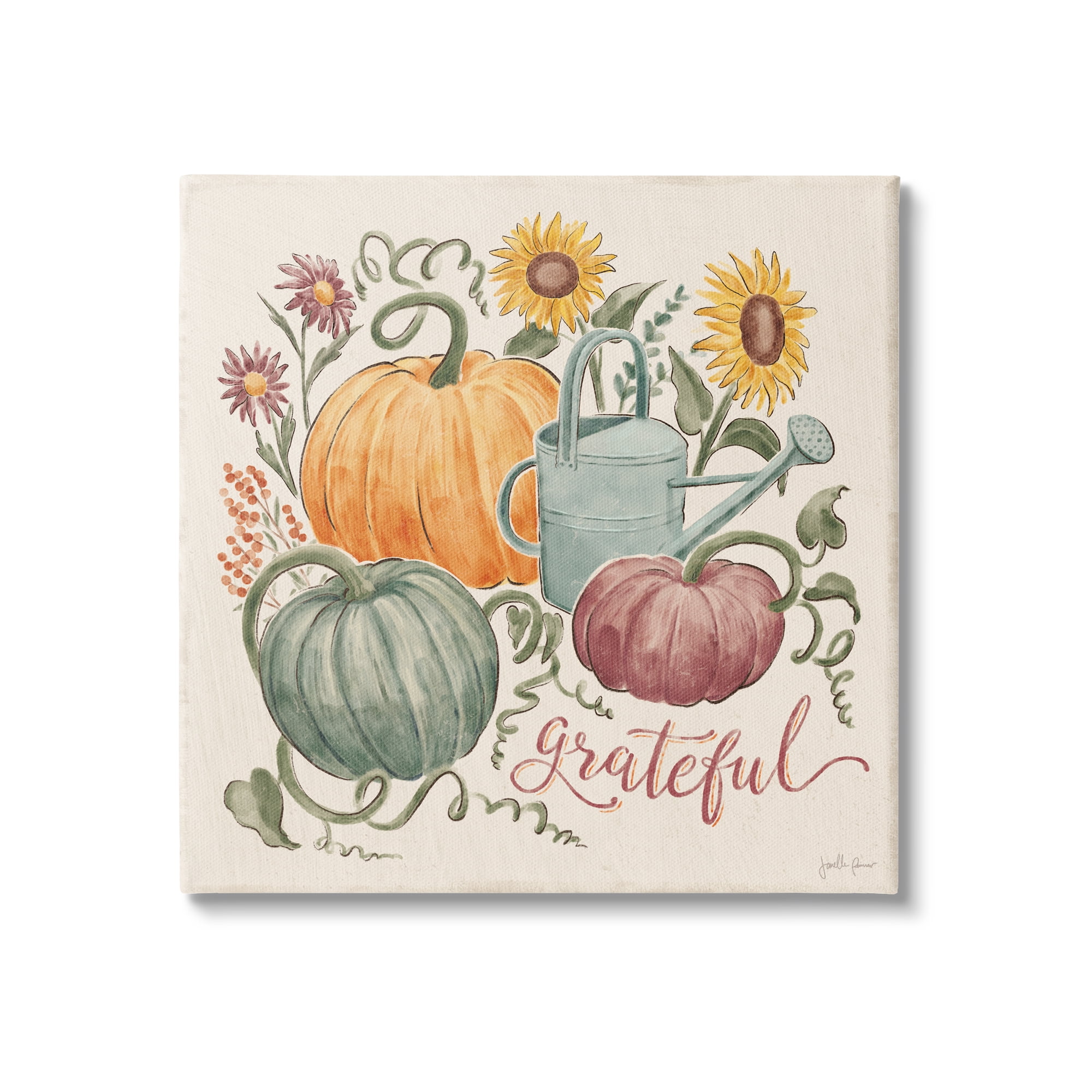 Grateful Script Warm Pumpkins Autumn Plants Sunflowers Botanical & Floral Painting Gallery-Wrapped Canvas Print Wall Art