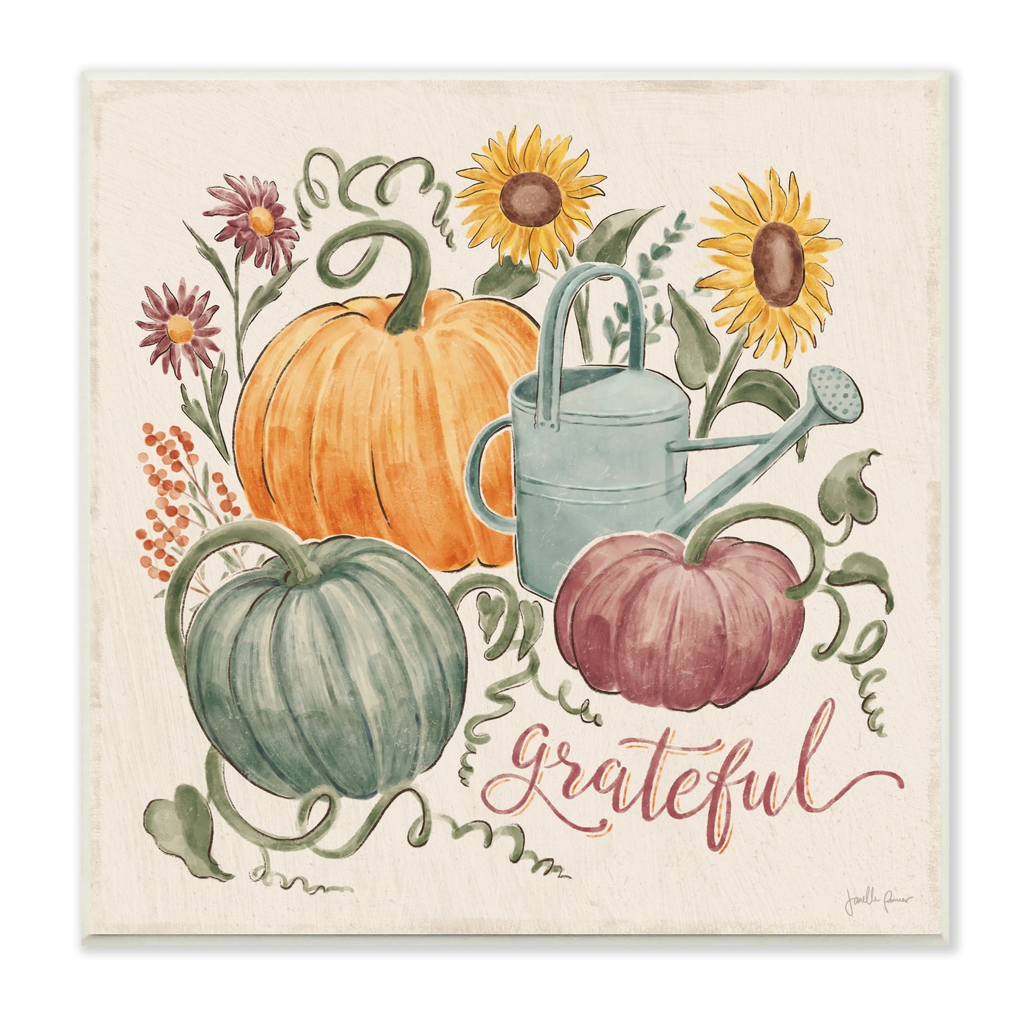 Grateful Script Warm Pumpkins Autumn Plants Sunflowers Botanical & Floral Painting Unframed Art Print Wall Art