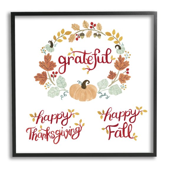 Grateful Seasonal Thanksgiving Holiday Botanical Pumpkin Wreath Botanical & Floral Graphic Art Framed Art Print Wall Art
