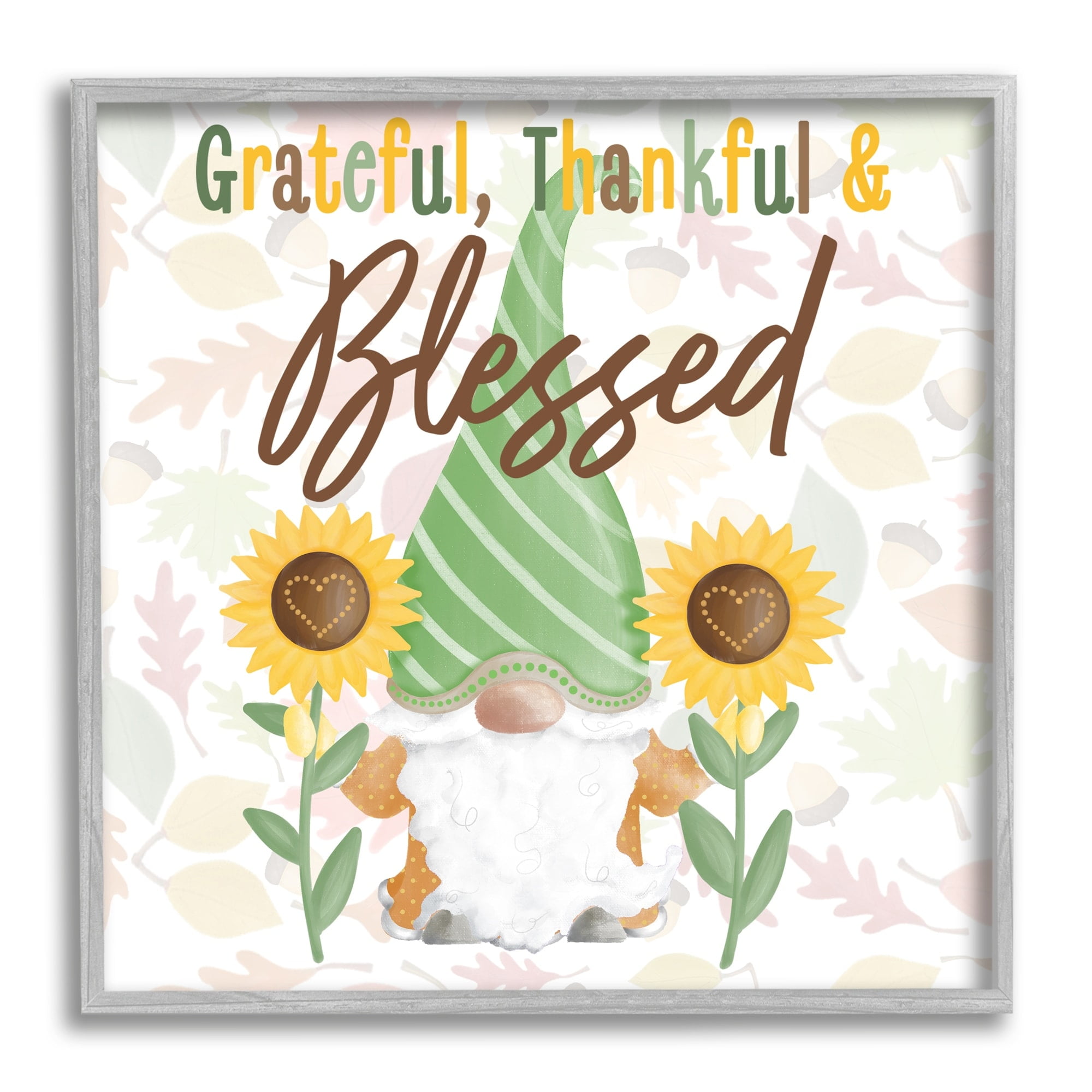Grateful Sentiment Typography Garden Gnome Sunflowers Pattern Inspirational Graphic Art Framed Art Print Wall Art