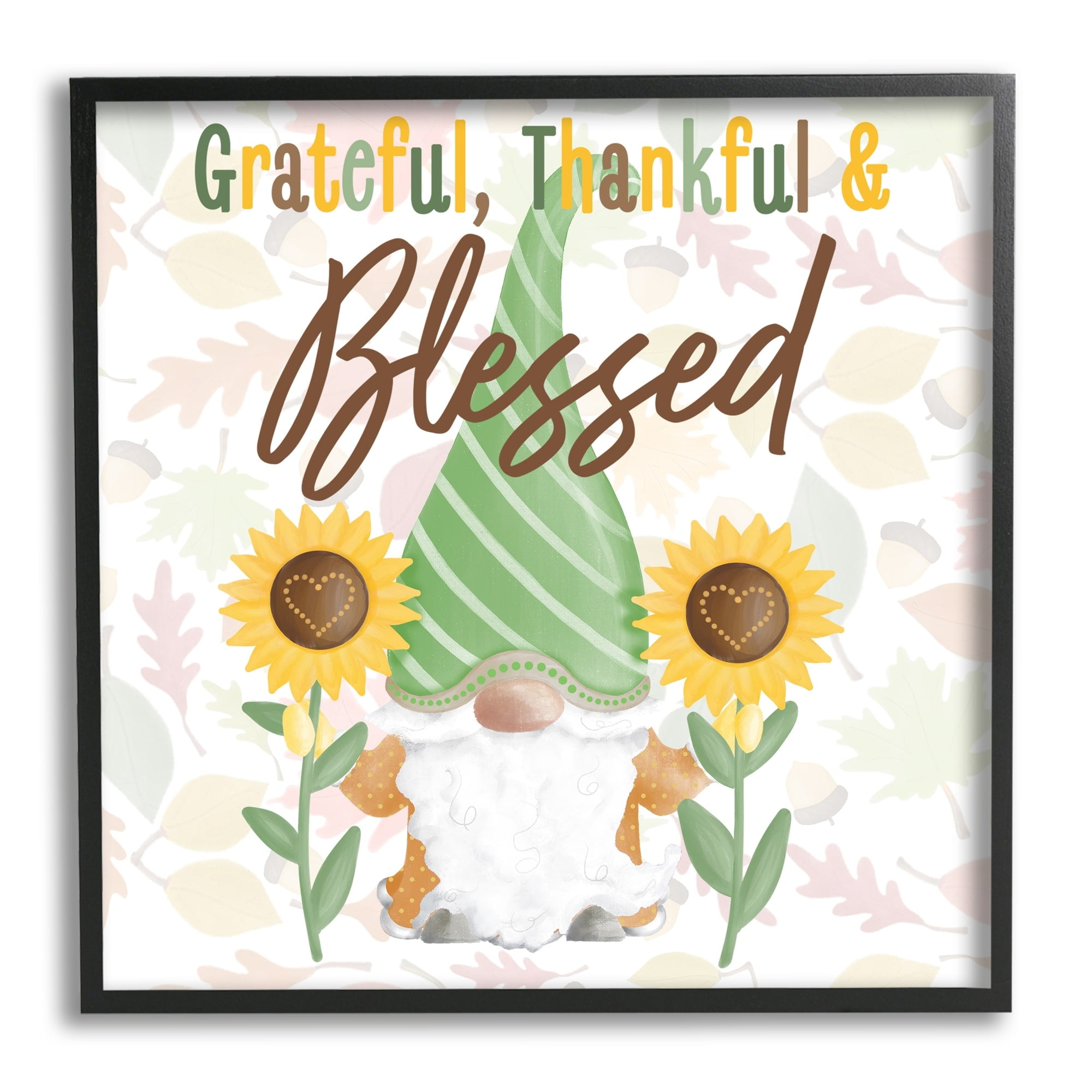 Grateful Sentiment Typography Garden Gnome Sunflowers Pattern Inspirational Graphic Art Framed Art Print Wall Art