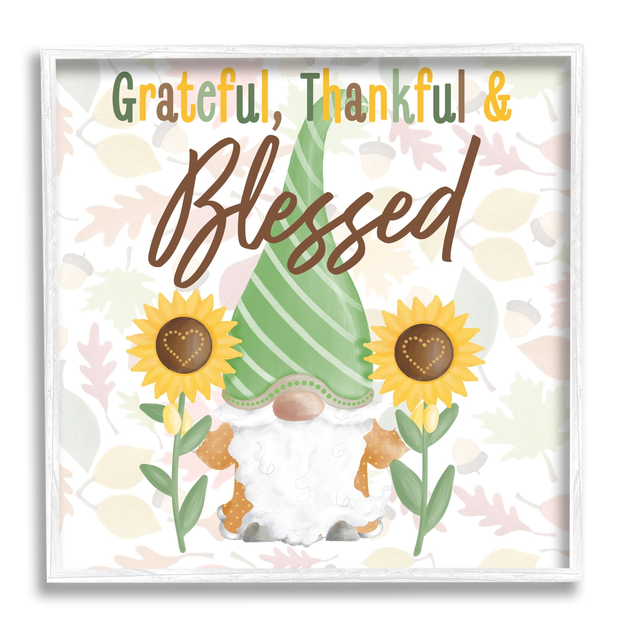 Grateful Sentiment Typography Garden Gnome Sunflowers Pattern Inspirational Graphic Art Framed Art Print Wall Art
