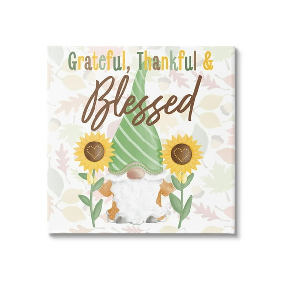 Grateful Sentiment Typography Garden Gnome Sunflowers Pattern Inspirational Graphic Art Gallery-Wrapped Canvas Print Wall Art