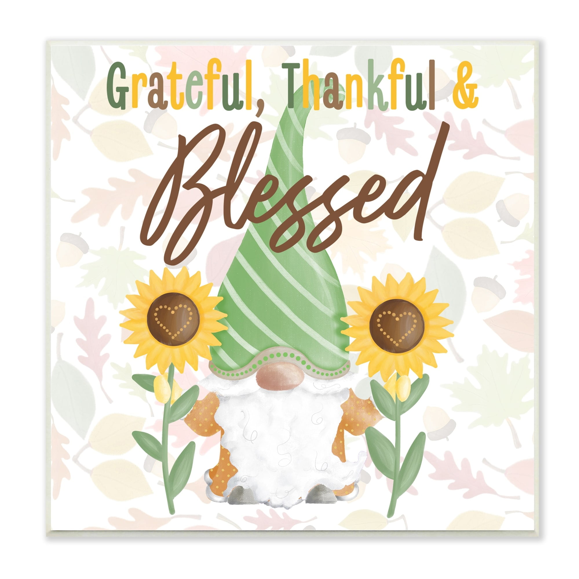 Grateful Sentiment Typography Garden Gnome Sunflowers Pattern Inspirational Graphic Art Unframed Art Print Wall Art