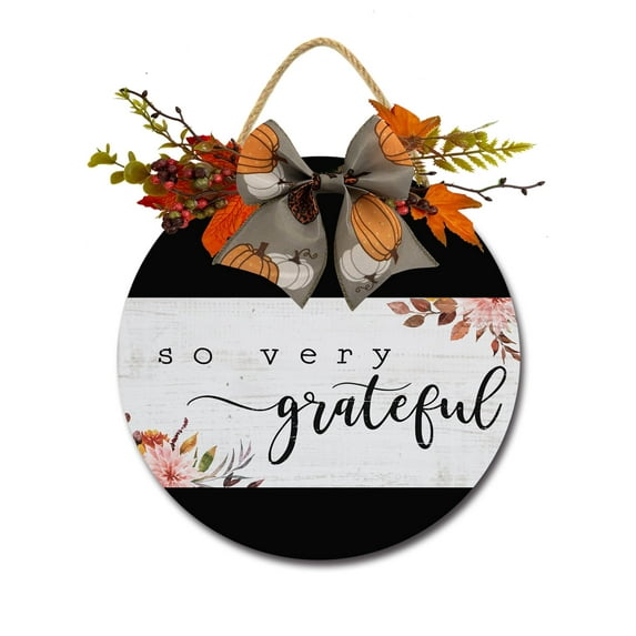 So Very Grateful Sign Front for Door Decoration, 11 in Round Wood Wreaths Wall Hanging Outdoor, Farmhouse, Porch, for Spring Summer Fall All Seasons Holiday Christmas