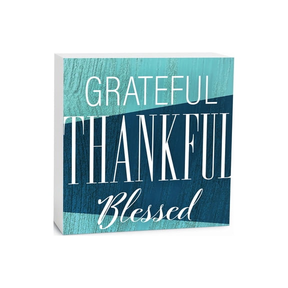Grateful Thankful Blessed Blue Woodgrain 5 x 5 Wood Tabletop Sign Plaque