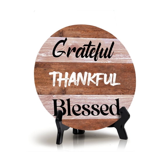 Grateful Thankful Blessed Circle Table Sign with Acrylic Stand (5x5") | Religious Home Decor