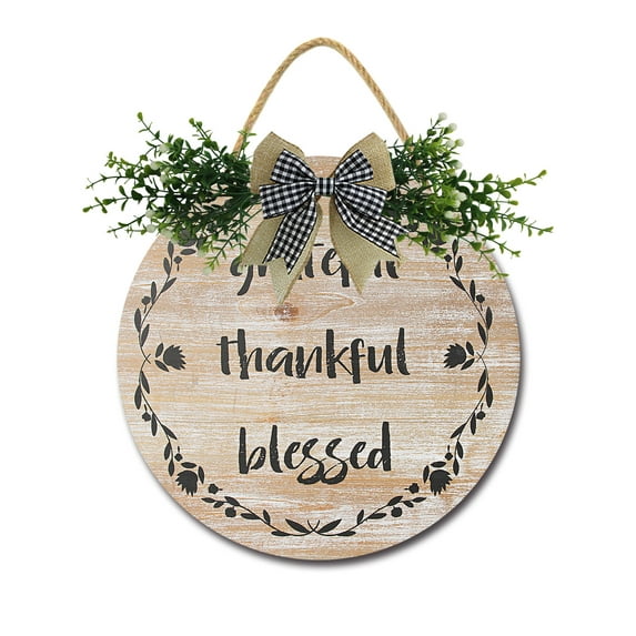 Grateful Thankful Blessed Door Sign Home Decor Round Wood Wreaths Wall Hanging Sign Farmhouse Porch Sign Front Door Decoration for Housewarming Gift All Seasons Holiday,11In