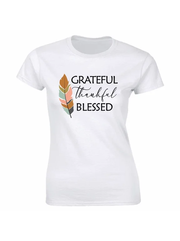 Grateful Thankful Blessed Feather Graphic Gift Design Style Women T-Shirt