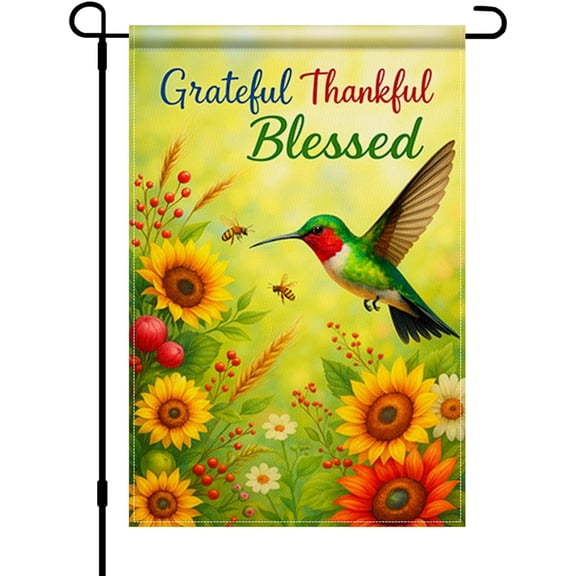 Grateful Thankful Blessed Garden Flag 12x18 Inch Double Sided Hummingbird Sunflower Floral Burlap Garden Flag Rustic Farmhouse Yard Outdoor Small Banner for Porch Patio Lawn Fall Decoration