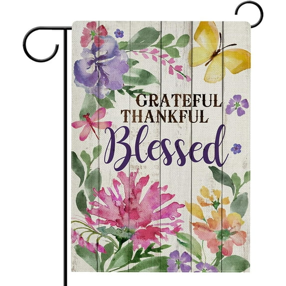 Grateful Thankful Blessed Garden Flag Double Sided, Spring Summer Flower Butterfly Decorative Yard Outdoor Home Small Decor, Farmhouse Fall Autumn Burlap Outside House Decoration 12.5 x 18