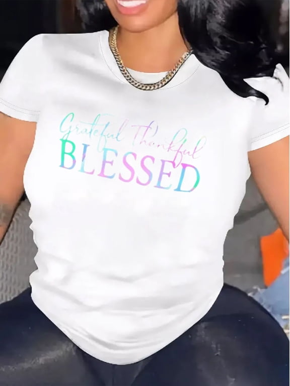 Grateful Thankful Blessed Graphic T‑Shirt for Women, Crew Neck Short Sleeve 100% Cotton Tee, Soft Casual Summer Spring Streetwear Tops