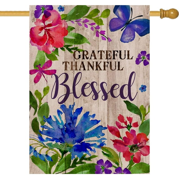 Grateful Thankful Blessed House Flag, Spring Summer Home Decorative Large Outdoor Flag Butterfly Flower Sign, Farmhouse Fall Autumn Garden Yard Lawn Outside Decoration Double Sided Decor 28x40