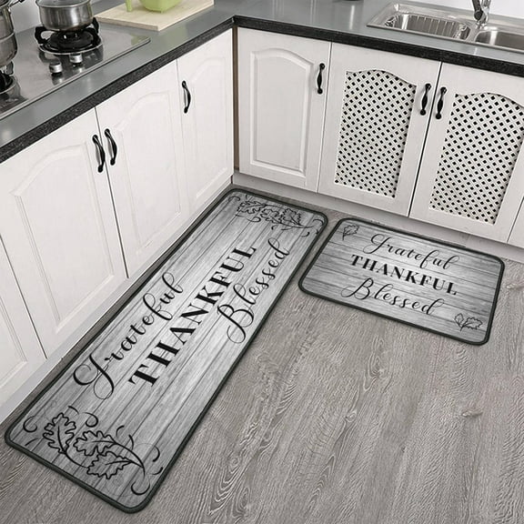 Grateful Thankful Blessed Kitchen Rug Set Of 2 - Grey Non-Slip Cushioned Comfort Mats for Kitchen Floor, Farmhouse Thanksgiving Decor - Sizes 17"x47" and 17"x30"