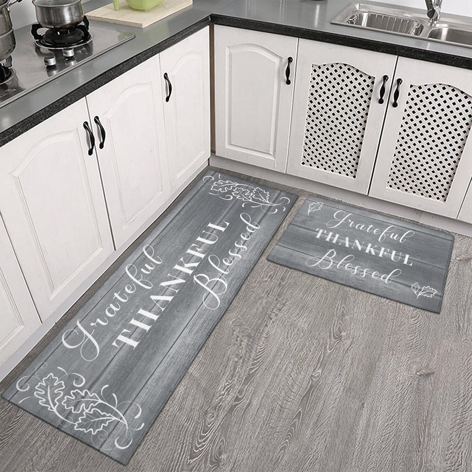 Grateful Thankful Blessed Kitchen Rugs Set of 2 Dark Grey Non-Slip ...