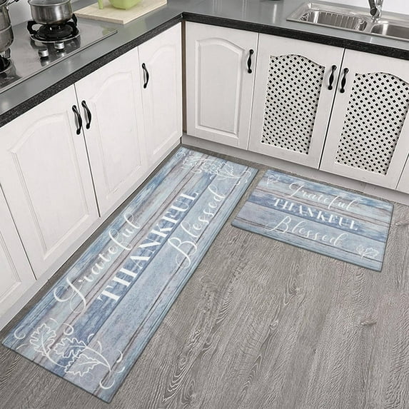 Grateful Thankful Blessed Kitchen Rugs Set of 2 Light Blue Non-Slip Kitchen Rug and Mat Cushioned Comfort Kitchen Standing Rug for Kitchen Floor Farmhouse Thanksgiving Decor 17"x47"+17"x30"