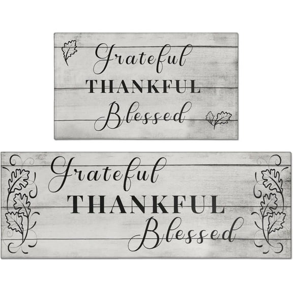 Grateful Thankful Blessed Kitchen Rugs Set of 2 Wood Non-Slip Kitchen Rug and Mat Cushioned Comfort Kitchen Standing Rug for Kitchen Floor Farmhouse Thanksgiving Decor 17"x47"+17"x30"