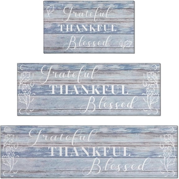 Grateful Thankful Blessed Kitchen Rugs Set of 3 Grey Non-Slip Kitchen Rug and Mat Comfort Kitchen Floor Rug Farmhouse Thanksgiving Decor
