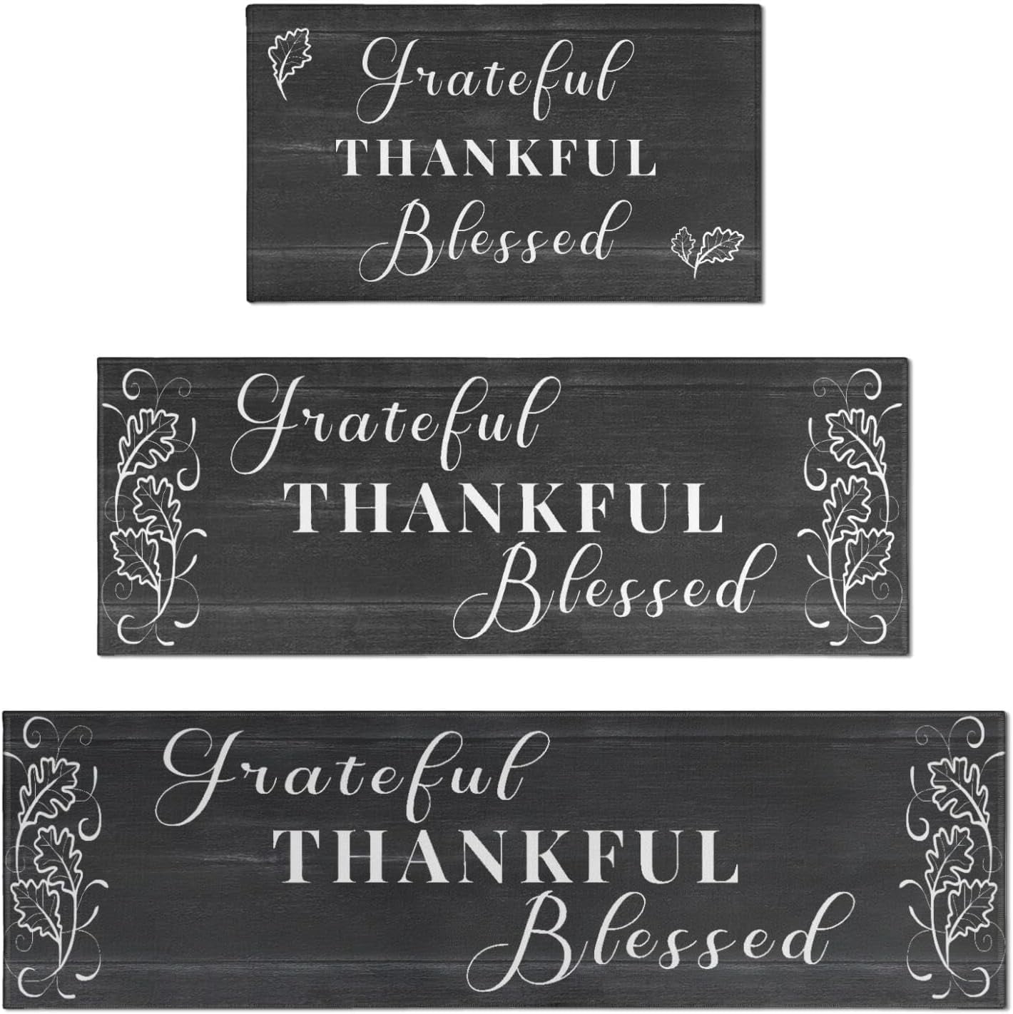 Grateful Thankful Blessed Kitchen Rugs Set of 3 Grey Non-Slip Kitchen ...