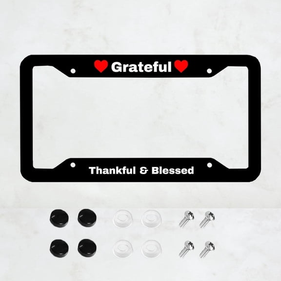 Grateful,Thankful & Blessed License Plate Prame Stainless Steel Rust-Proof Auto Parts License Plate Decorative Screws Fit Standard 4 Holes 1 U.S. License Plate, 12.2x 6.3 Inch