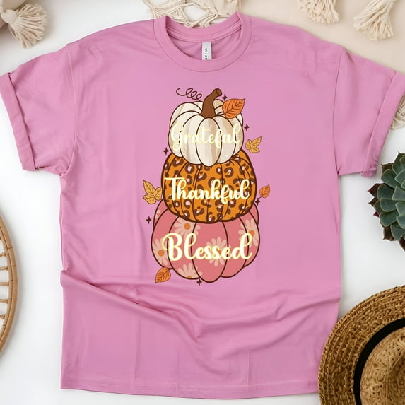 Grateful Thankful Blessed Pumpkin T-Shirt | Unisex Fall Outfit, Azalea, Size M
