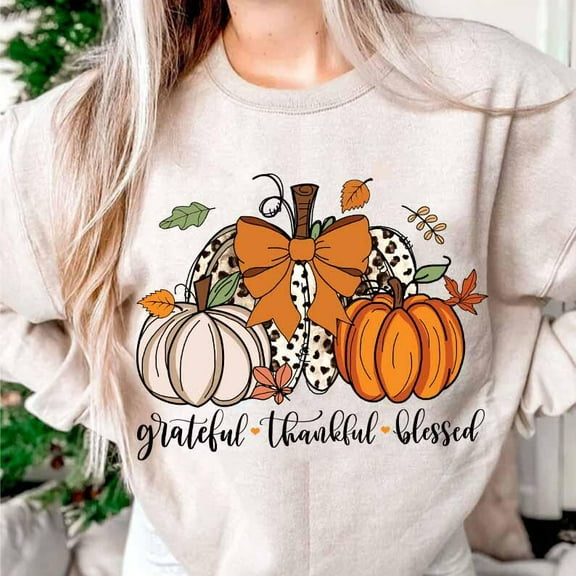 Grateful Thankful Blessed Sweatshirt, Coquette Fall Shirt with Pumpkin and Leopard Print, Autumn Vibes SWEAT Sweatshirt, Cute Seasonal Thanksgiving Top