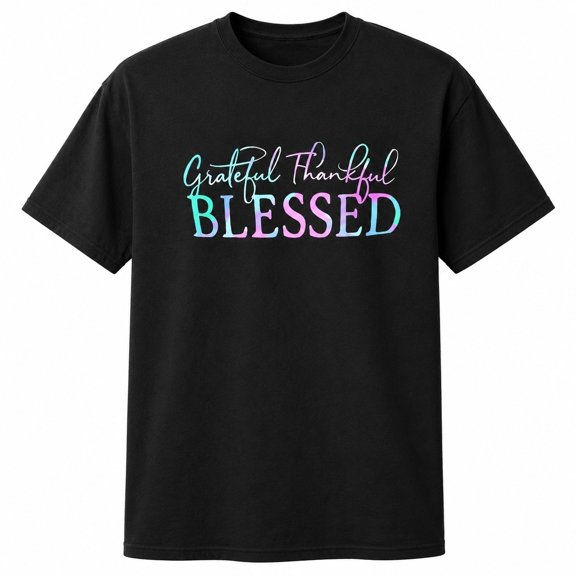 Grateful Thankful Blessed T-Shirt Women Pastel Script Inspirational Graphic Tee Short Sleeve Cotton