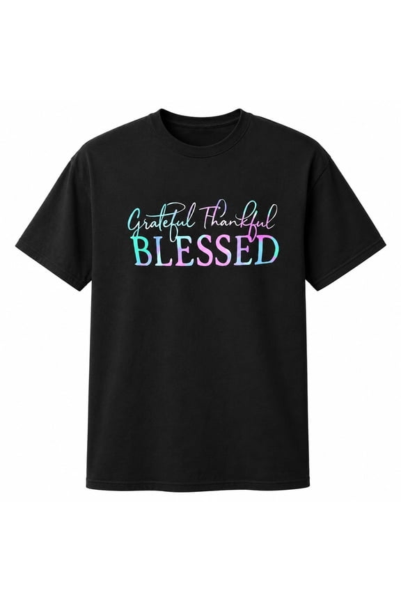 Grateful Thankful Blessed T-Shirt Women Pastel Script Inspirational Graphic Tee Short Sleeve Cotton