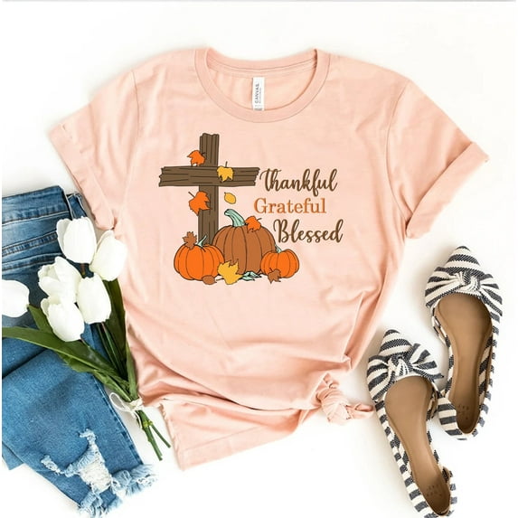 Grateful Thankful Blessed T-shirt Thanksgiving Shirt Fall Tee Happy Top Inspirational Gift Pumpkin Women's Be Kind Mom For Women