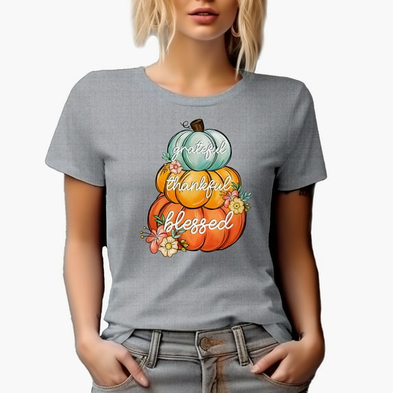 Grateful, Thankful, Blessed, Thanksgiving Day & Pumpkins Art Merch Gift, Heather Grey T-Shirt, XL