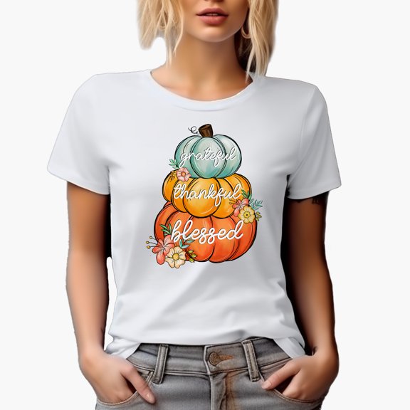 Grateful, Thankful, Blessed, Thanksgiving Day & Pumpkins Art Merch Gift, White T-Shirt, Large
