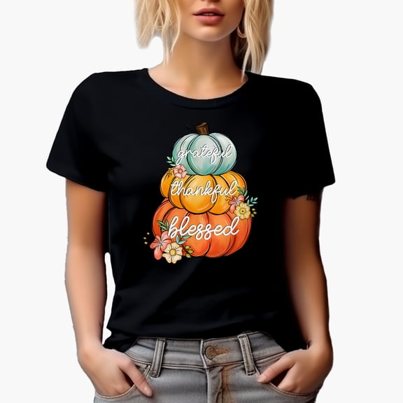 Grateful, Thankful, Blessed, Thanksgiving Day and Pumpkins Art Merch Gift, Black T-Shirt, Small