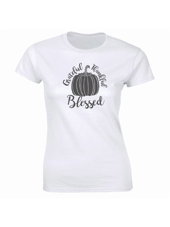 Grateful Thankful Blessed With Pumpkin Image White Women Creative Theme Suited To Daily Outfits And Special Occasions T-Shirt, Size S-5XL