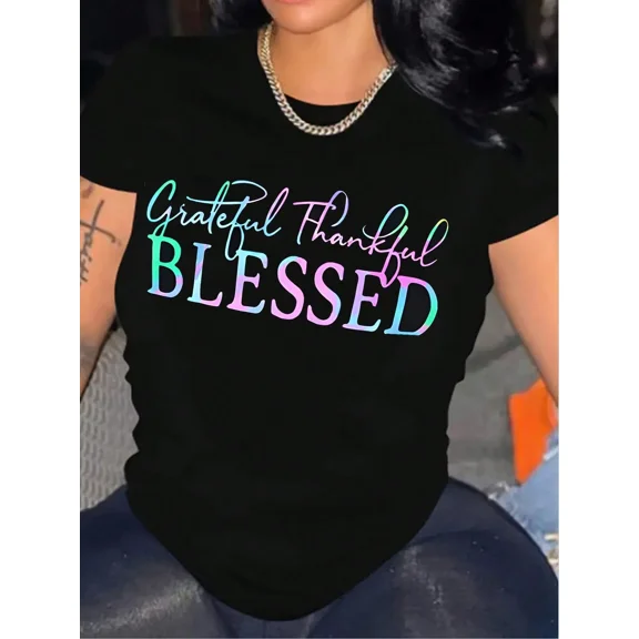Grateful Thankful Blessed Women's Graphic T-Shirt Colorful Gradient Positive Inspirational Faith Short Sleeve Casual Black Tee