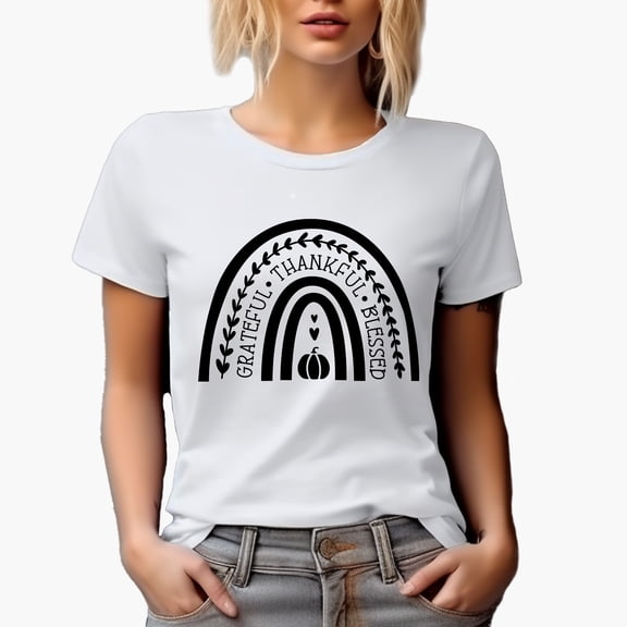 Grateful, Thankful, Blessed with Rainbow & Pumpkin Art, Thanksgiving Day Merch Gift, White T-Shirt, Medium