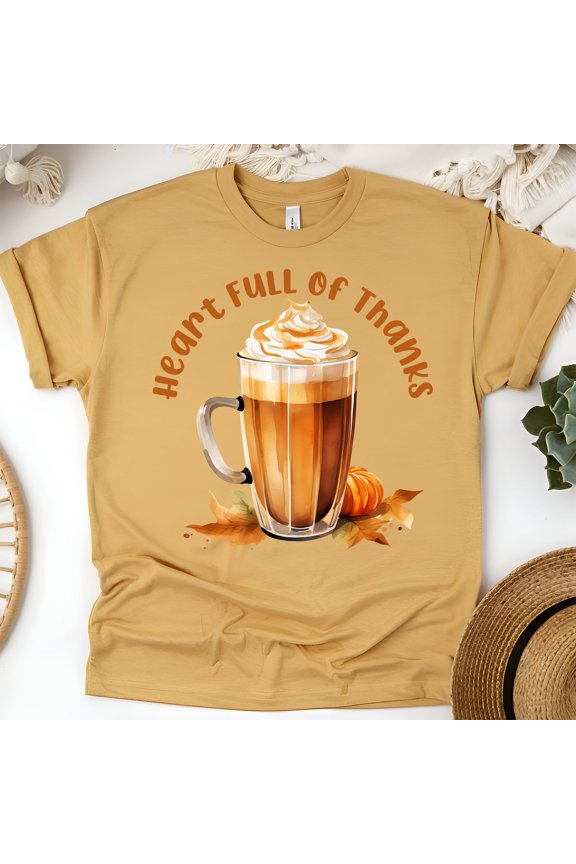 Grateful & Thankful Coffee T-Shirt | Fall Latte Lover Tee | Cozy Autumn Top, Gold, Size S